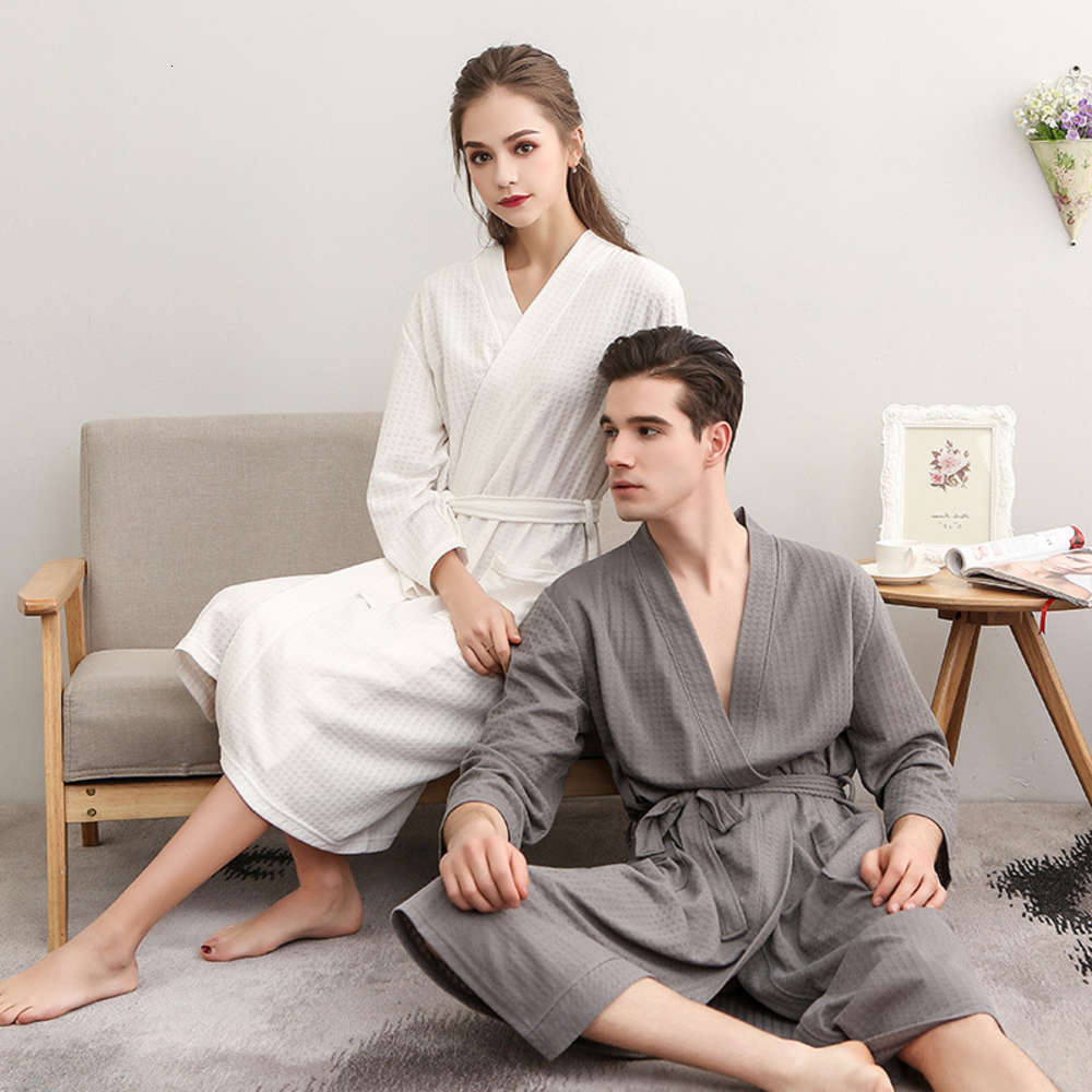 

End of the year summer thin waffle bathrobe women's simple V-neck 7 / 6 sleeve water absorbent couple robe spring and autumn male