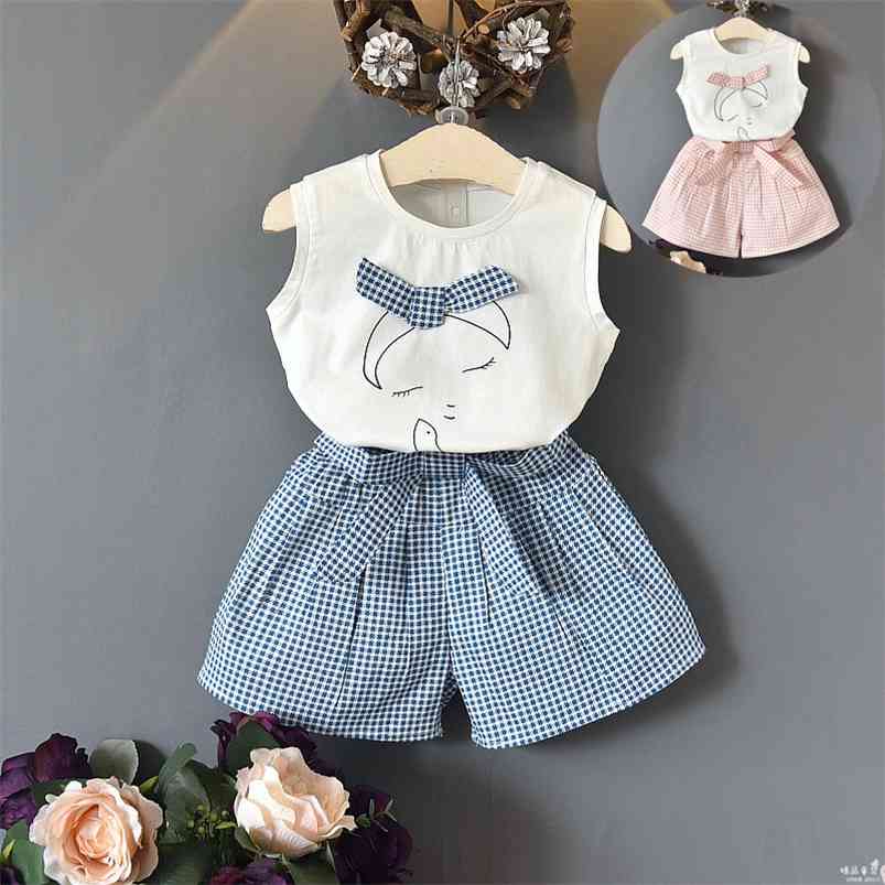 

Arrivals Summer Children Sets Sleeveless Bow Print Tops Sashes Plaid Shorts Cute 2Pcs Girls Clothes 2-7T 210629, Pink