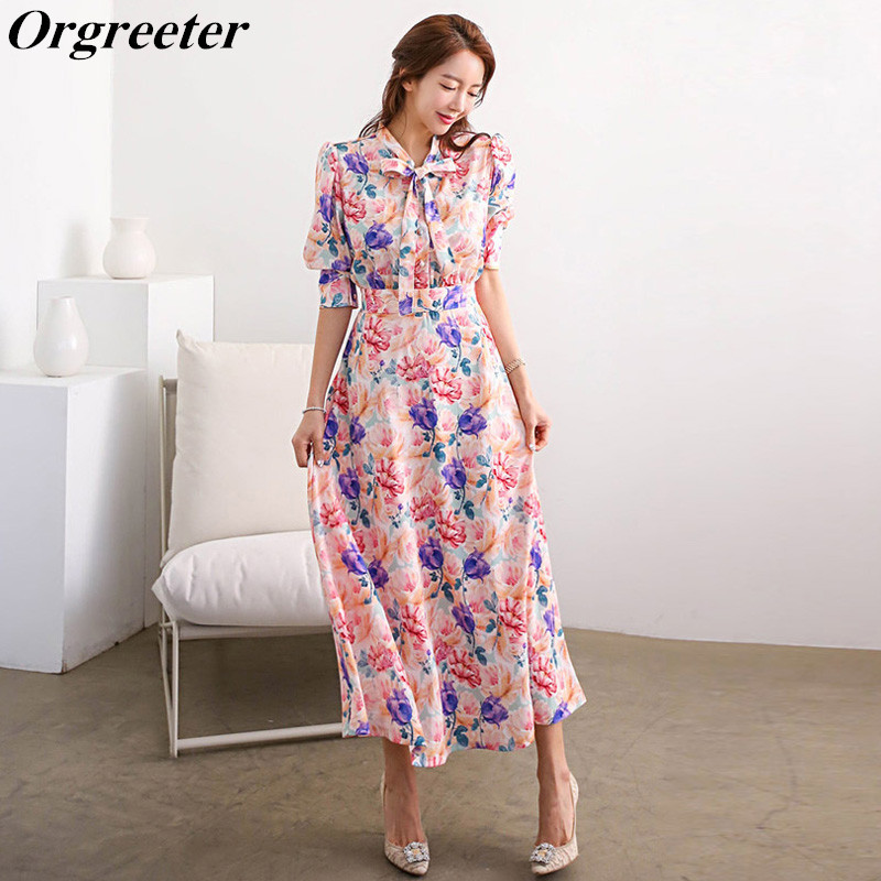 

Printed Long Dress Female Summer Fall Temperament Bow Tie Up Half Lantern Sleeve Flower Print Slim Maxi 210525, Red