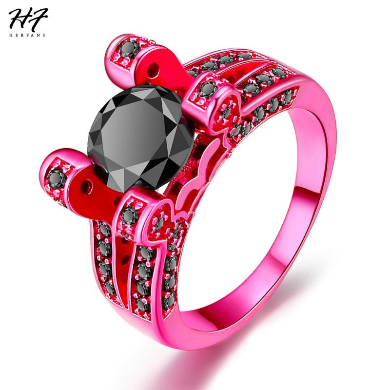 

Cluster Rings Luxury Fashion Round Black Cubic Zirconia Pink Gold Color Ring Cocktail For Women Full Size Sale DD043, Golden;silver