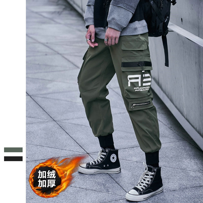 

2021 New Fleece Warm Pockets Darkly Style Hip Hop Men's Cargo Sweatpants Joggers Trousers Fashion Winter Full Length Pencil Pants Ggfl Go3a, Army green