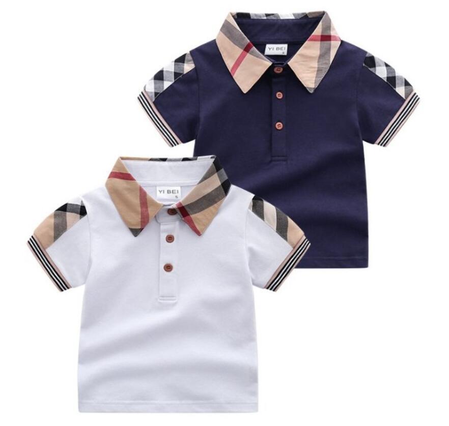 

Baby Boys Turn-Down Collar T-shirts Summer Kids Short Sleeve Plaid T-shirt Gentleman Style Children Cotton Casual Tops Tees Boy Shirts Child, White