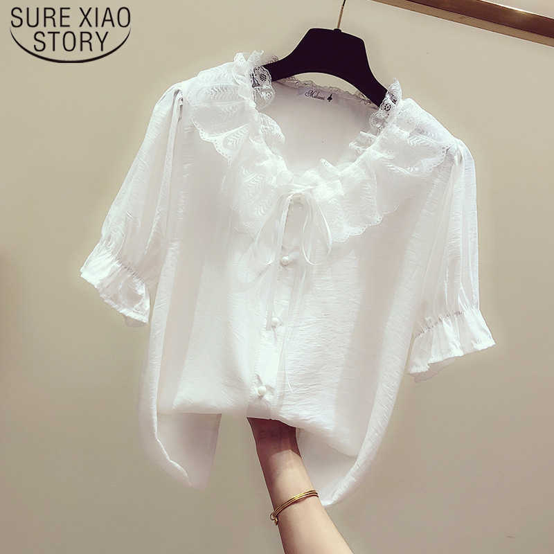 

Lace Doll Neck Shirt Woman White Blouse Summer Short Flare Sleeve V-neck Solid Bow Casual Regular Women Blouses 5149 50 210527
