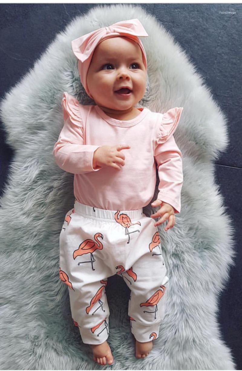 

3Pcs Cute Baby Girl Clothes Set Pink Ruffle Autumn Long Sleeve Bodysuits Tops Flamingo Pants Headband Infant Clothing Outfits1, As pic