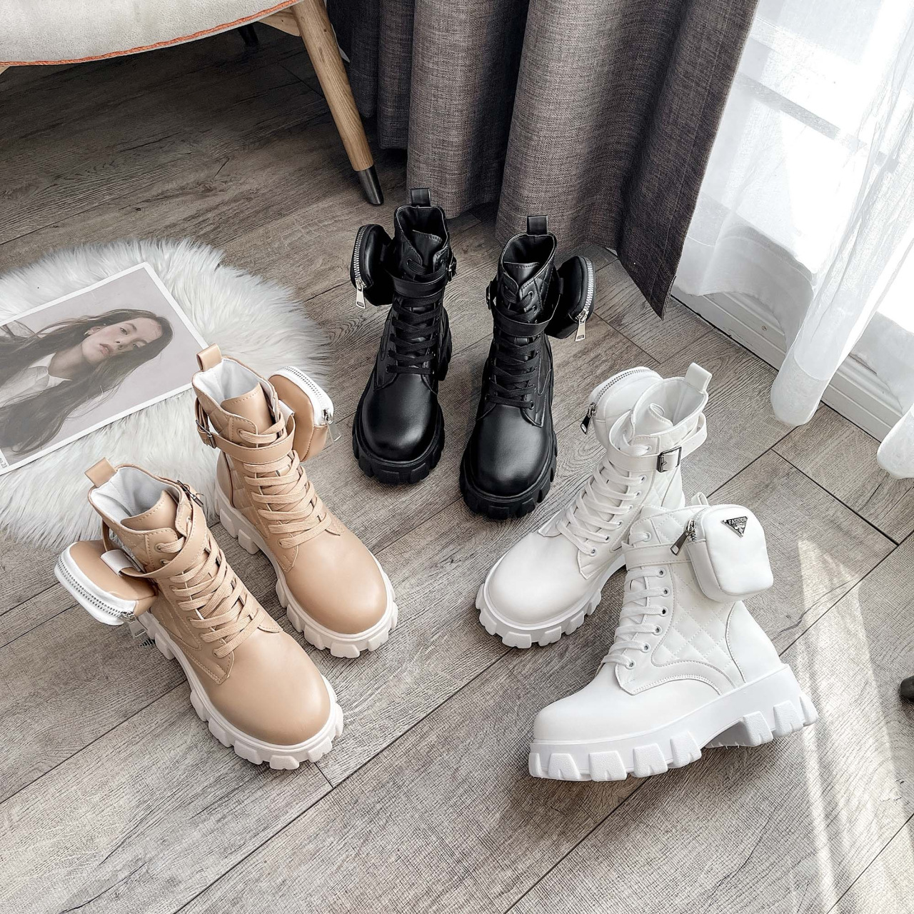 

Autumn Solid Color Boots Printed Small Leather Bag Lattice Muffin Thick Bottom Lace Up Medium Tube Fashion Boot Women, White