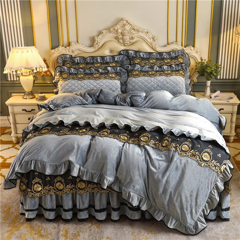 

Bedding Sets Luxury Winter Crystal Velvet Lace Embroidery Duvet Cover Bed Skirt And Pillowcase 4pcs Set Wedding