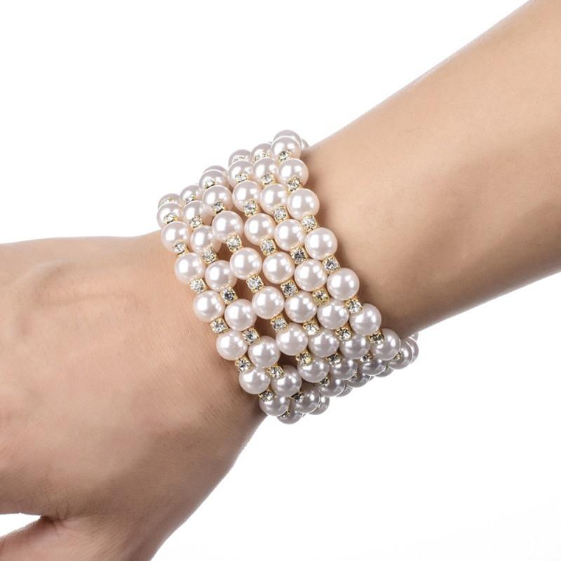 

Link, Chain Wide Statement Beaded Bracelets&Bangles For Women Rhinestones Pearl Adjustable Wristband Cuff Wedding Jewelry