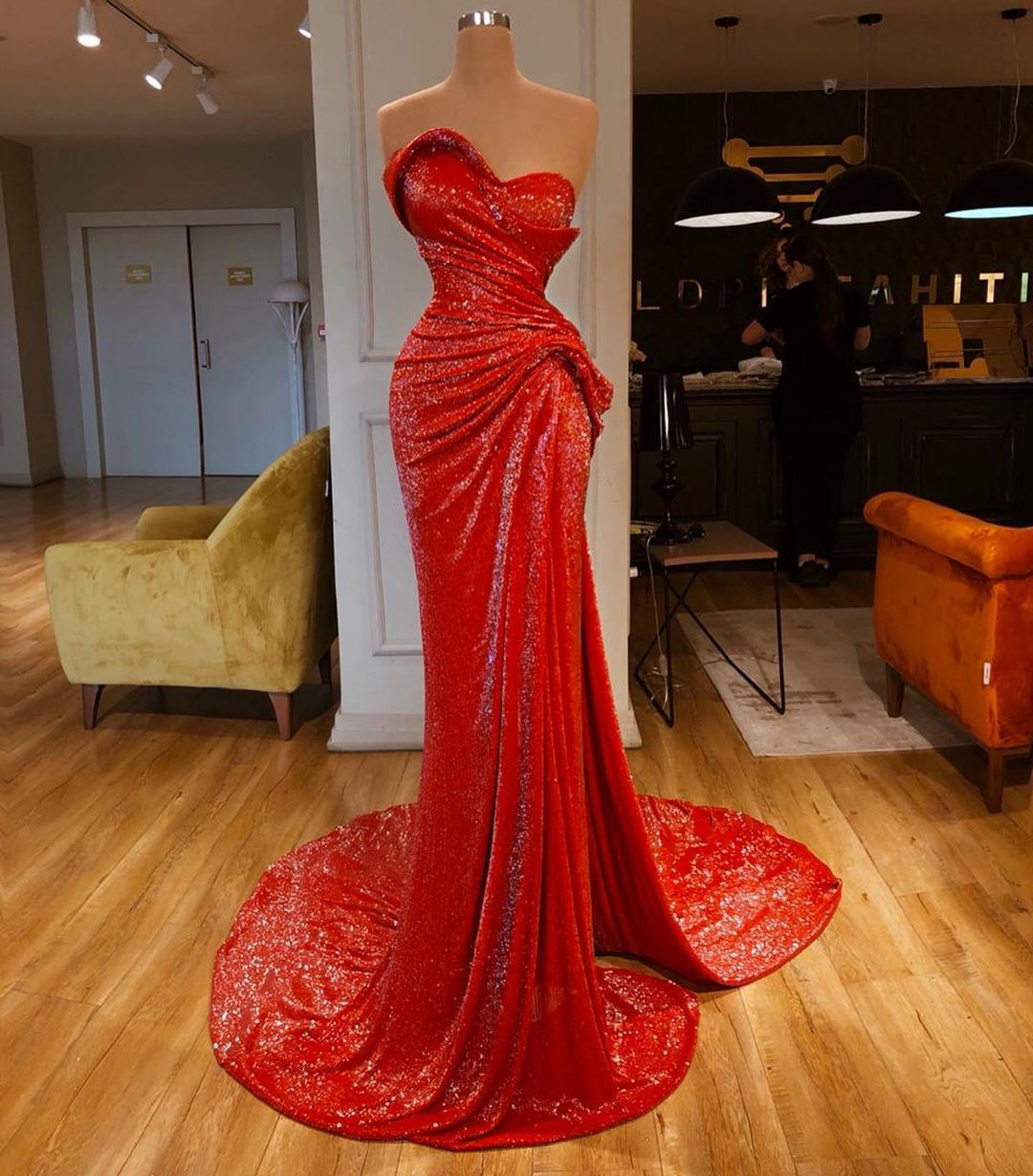 Red Mermaid Prom Dresses Long Sheeve Plus Size Formal Evening Gown Lace Appliqued Elegant Party Gowns Dress Cheap Prom Gown-image-744819564