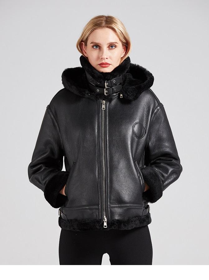

Women's Fur & Faux 2021 Fashion Double Faced Winter Jacket Women Genuine Leather Hood Coat Natural Merino Sheep Outerwear Locomotive, Black