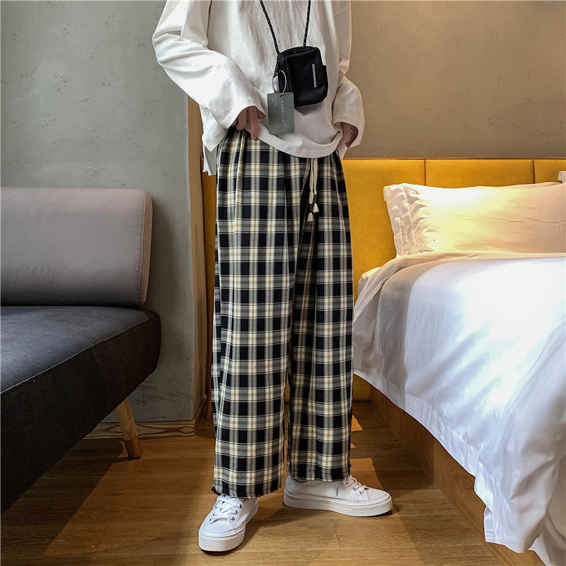 

2021 New Spring Summer Plaid Men' Fashion Casual Men Streetwear Korean Loose Hip-hop Straight Wide-leg Pants Mens Trousers Dw6b, Light blue