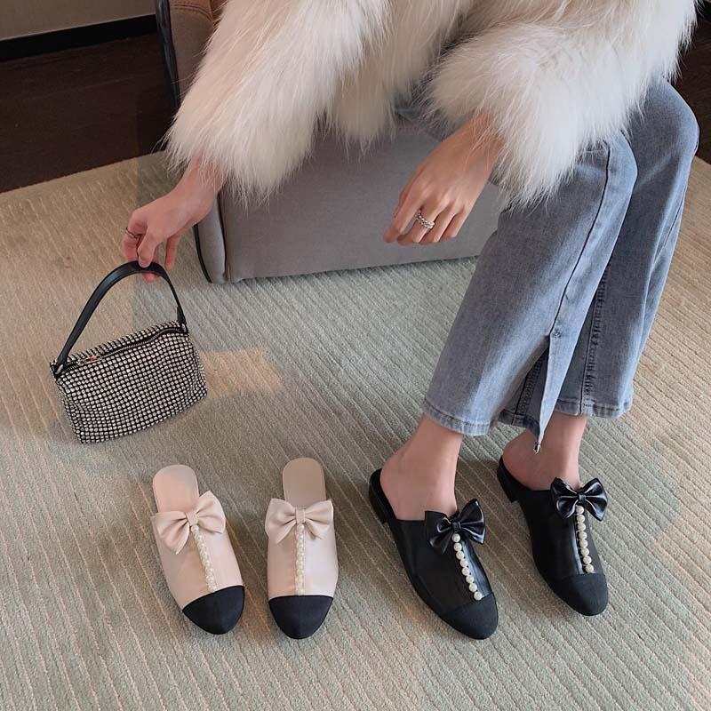 

Slippers Fashion Sweet But Not Greasy Handmade Bowknot Pearl Sheepskin, Black