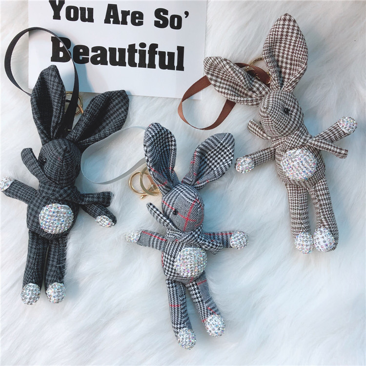

personalized plaid rabbit key ring mud diamond inlaid car chain women's fashion hanging accessories, Silver