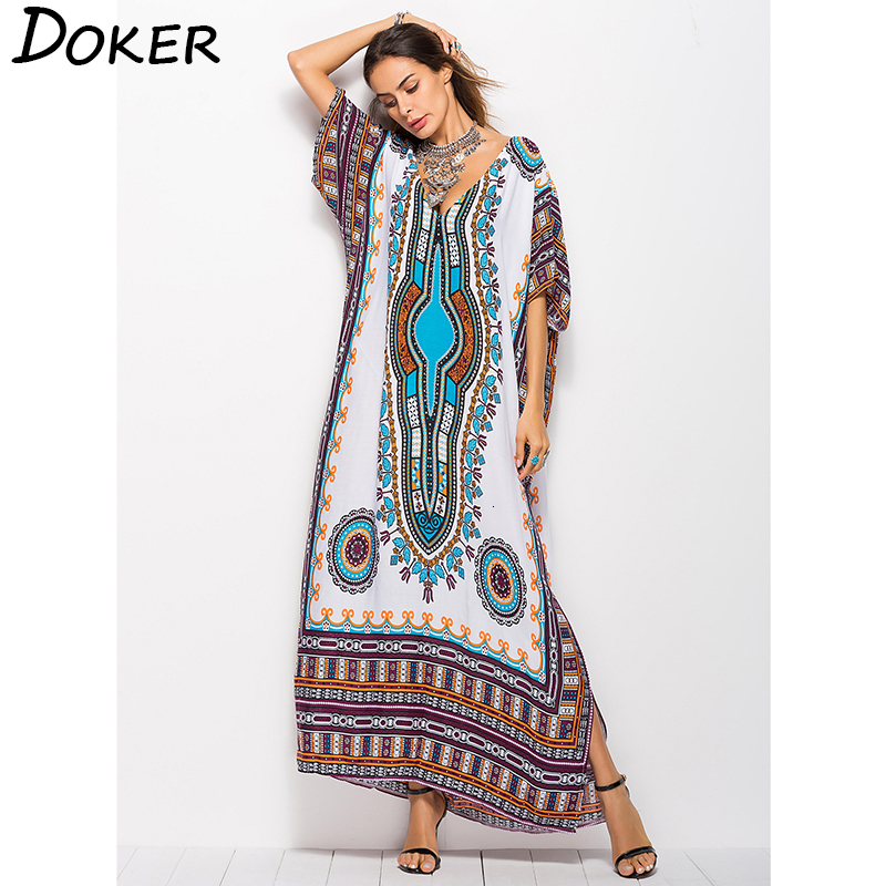 

2021 Summer New Arrival Boho Printed Beach Women V-neck Short-sleeved Hem Split Robe E3zh, Black