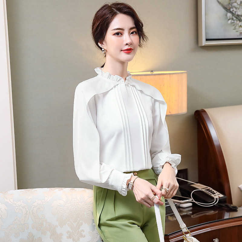 

Large size women's shirt S-4XL high quality ladies office bottoming Lace Edge Long Sleeve Female Top 210527