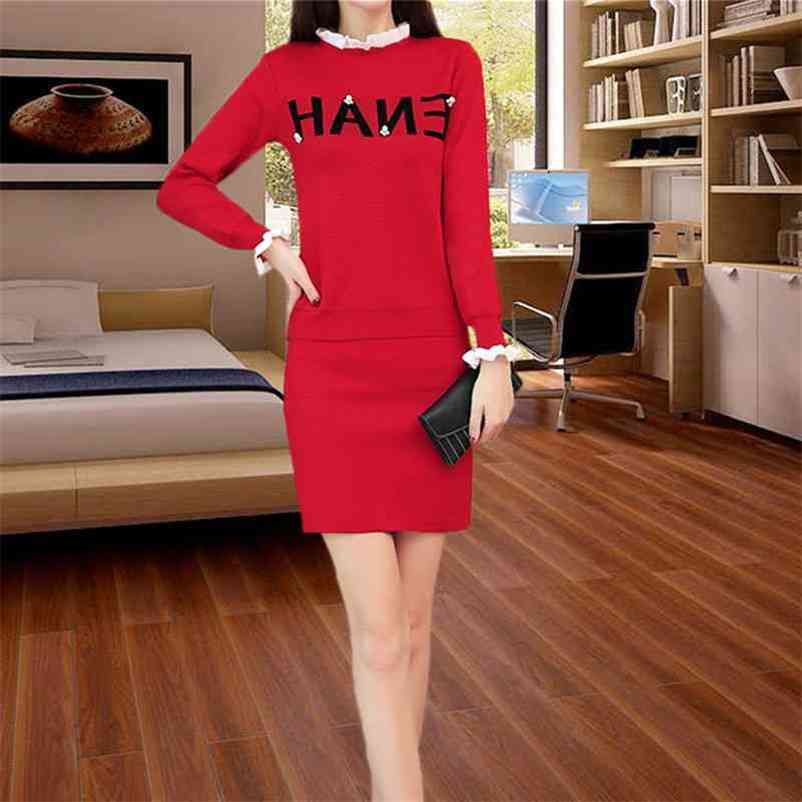 

Beading Letter Print Autumn Brand Women Knitting Sets Lady Office Pullovers Tops and High Waist Skirt Elegant 2 Pieces Set 210525, Black