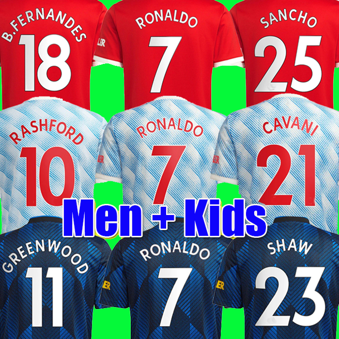 

RONALDO 21 22 SANCHO Manchester soccer jersey UNITED Fans Player version MAN BRUNO FERNANDES LINGARD POGBA RASHFORD football shirt UTD 2021 2022 men + kids kit sets, 3rd kids