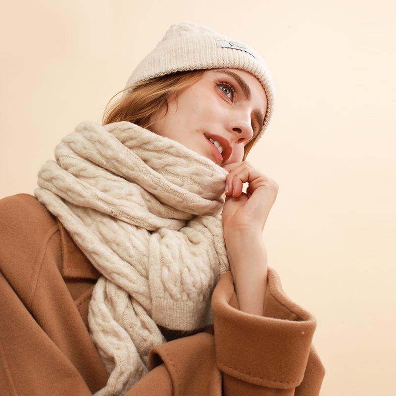 

Hats, Scarves & Gloves Sets 2021autumn Winter Pure Wool Knitted Women's Scarf Two-piece Set Warm, Windproof And Cold Resistant Pullover Cap