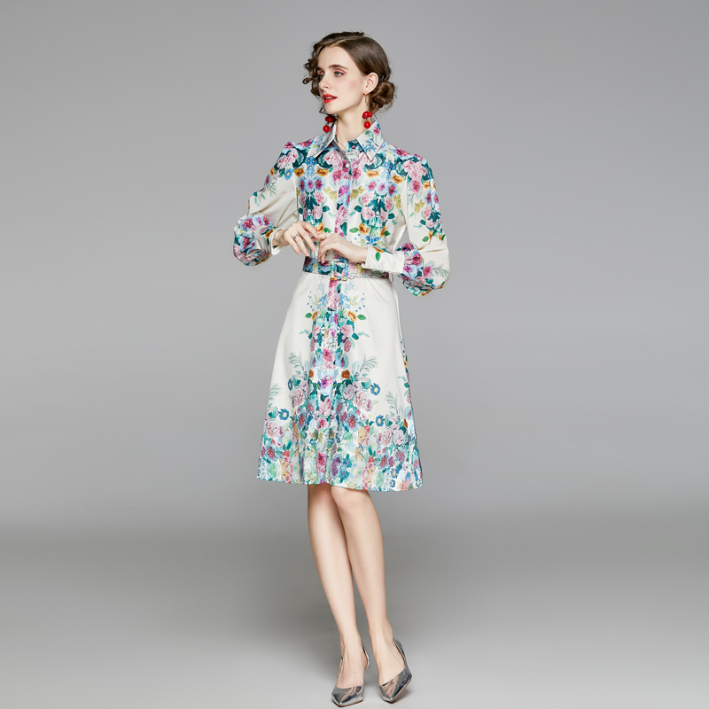 

Spring Autumn White Vintage Floral Dress Long Sleeve With Belt 2021 Women Designer Runway Printed Button Shirt Dresses Office Cafe Party Sweet Cute Slim A-Line Frock