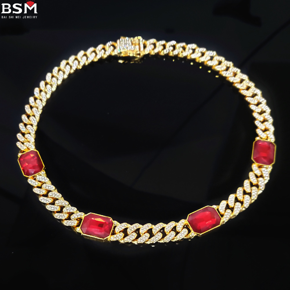 

Bling Big Red Blue Green Rec Stone 12mm Miami Cuban Link Chain 16/18inch Hip Hop Women Chunky Choker Necklace X0509