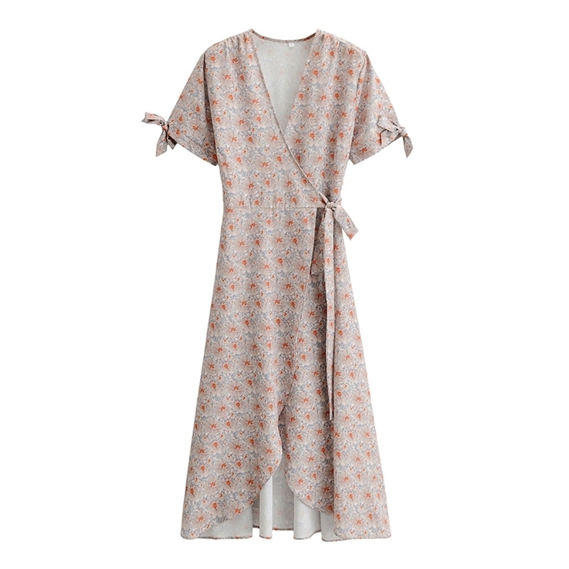 

Summer Long Floral Dress Women Short Sleeve Beach Sexy V-Neck Ruffles Sundress Vestidos 210524, Multi