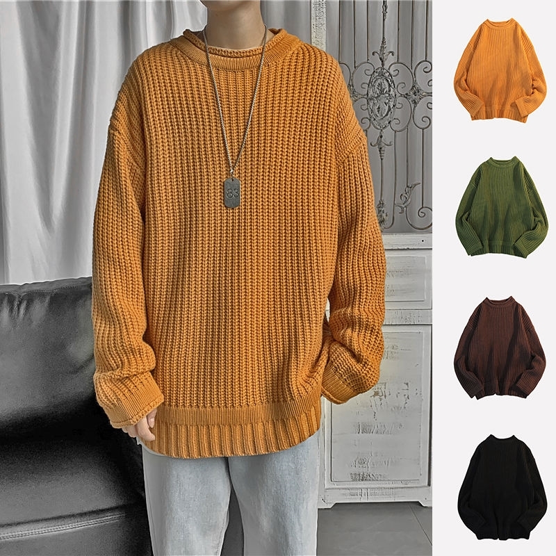

2021 New Winter Men's Warm Fashion Retro Casual Knitted Pullover Men Streetwear Korean Loose O-neck Sweater Mens Clothes M-3xl Yjmo, Orange