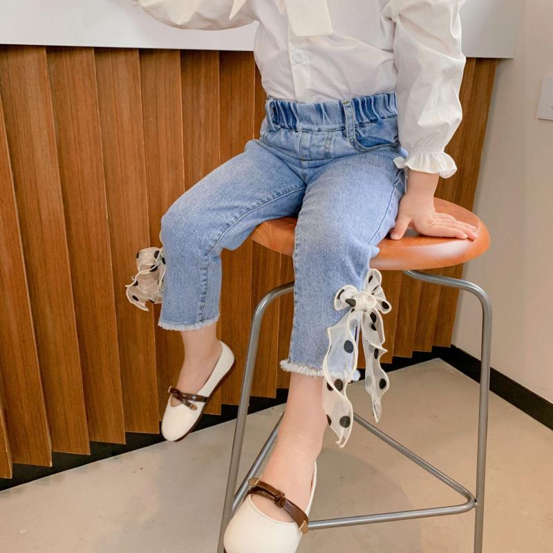 

2021 Spring New Girls Bow Jeans Korean Casual Trousers Slim Female Baby Fashion Solid Denim Pants Toddler Girl Cowboy Pants 2-7Y, Blue