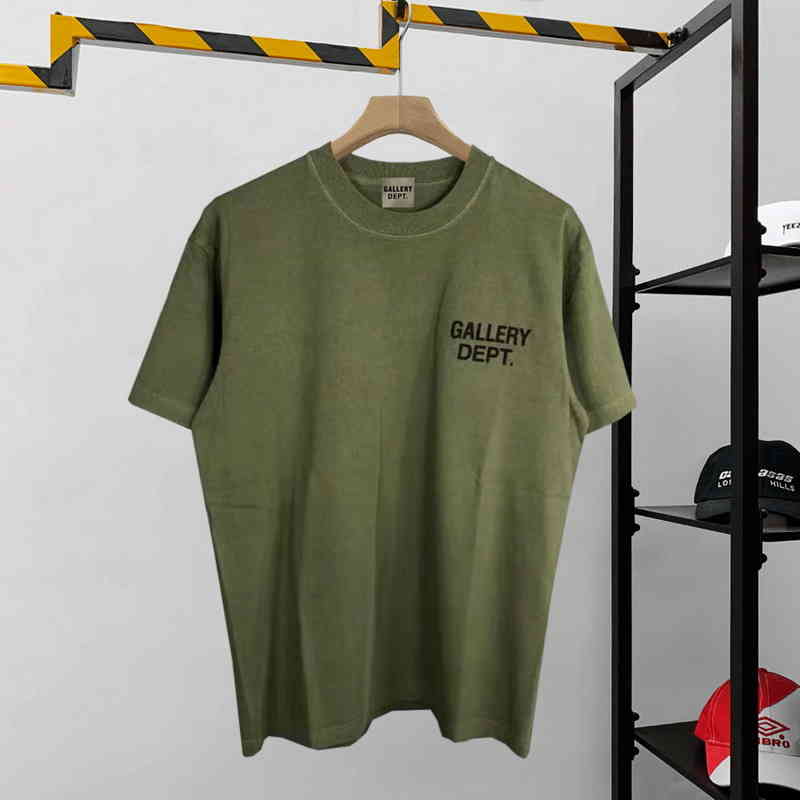 

2022 Hip hop high street fashion brand GD dept used wash loose round neck print short sleeve t-shirt men, Army green