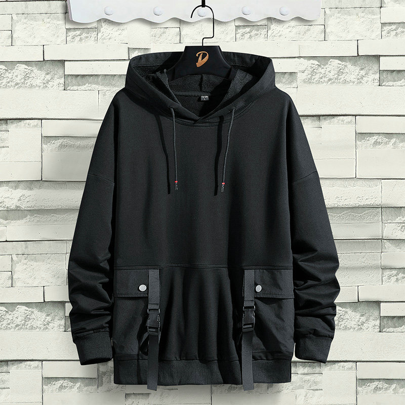 

2021 New Men' Hooded Harajuku Solid Ribbons Casual Male Hoodie H5s1, Black