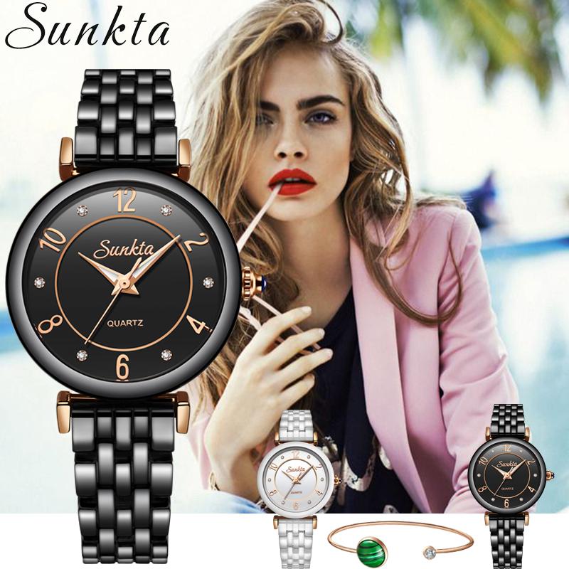 

Wristwatches SUNKTA Womens Watch Top Casual Fashion Women Dress Sports Clock Quartz Waterproof Wristwatch Ladies Watch+Box, Slivery;brown