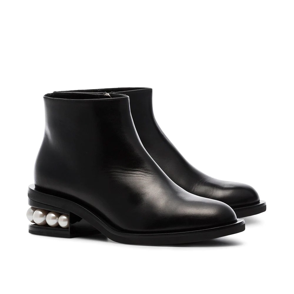 

CASATI 35mm inset faux pearls low chunky heel ankle boots leather shoes short boot round Toe zip Martin booties luxury designers brand shoe for women factory footwear, Gift(not sold separately)