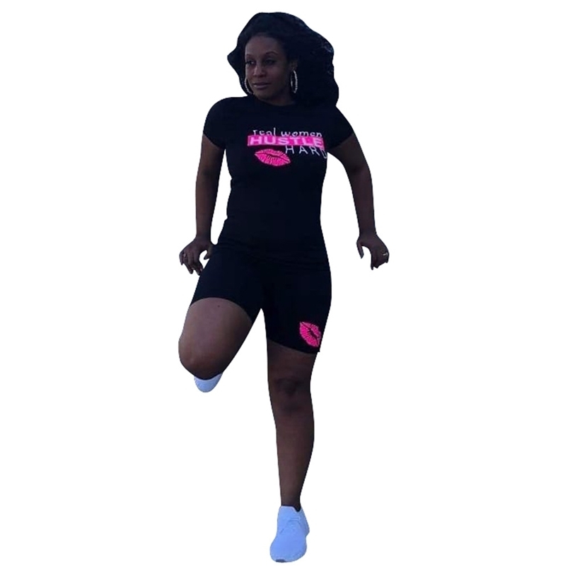 

Summer Two Piece Sets For Women Shorts Set Lounge Wear Letter Printed Harajuku T-Shirt Top Biker Sweatsuit 210525, Black