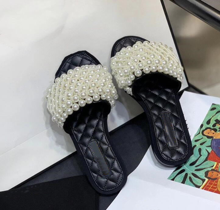

New summer leather outer wear pearl chain beach shoes casual flat sandals and slippers, Black