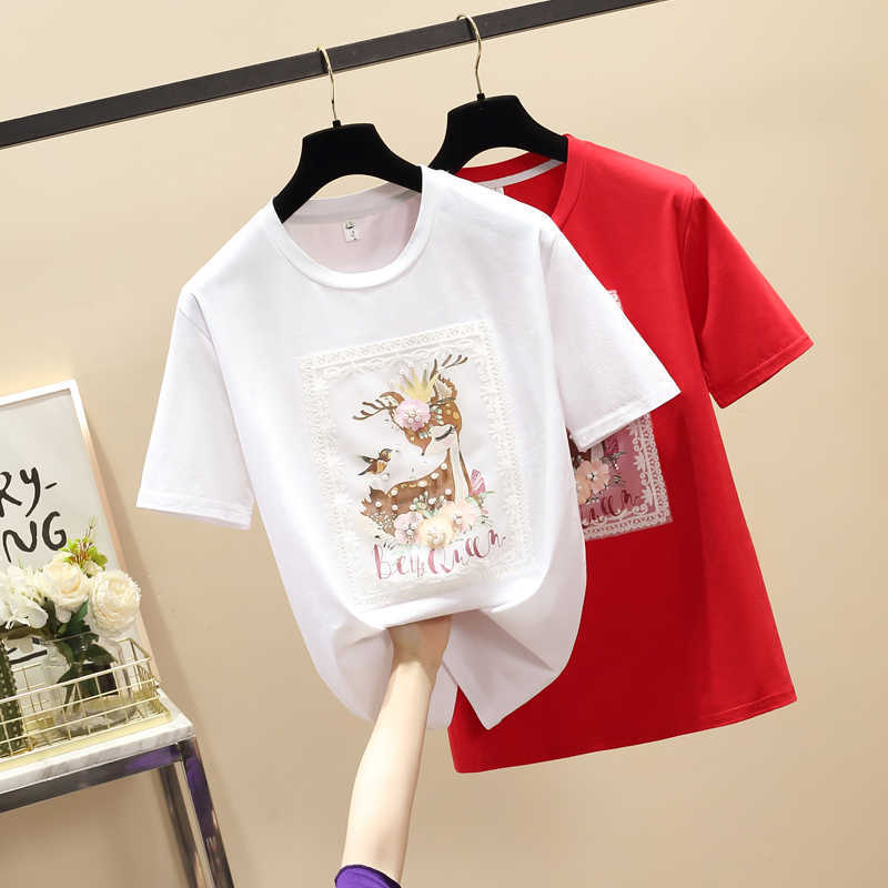 

large size Summer Cotton White Black Tshirts Short Sleeve Casual T-Shirt Women O-Neck loose Applique Tee Shirt Femme 210604, Red