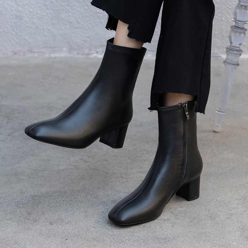 

Boots 2021 Winter High Heel Shoes Women's Ankle Genuine Leather Keep Warm Office Lady Botas Mujer, Beige