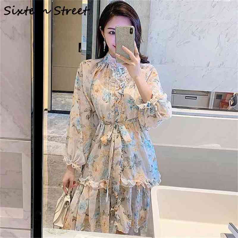 

Vintage Woman's Dress Sashes Lantern Sleeve Printed O-neck Ruffles Elegant Vestidos Ladies luxury spring dress female Autumn 210603, The picture color