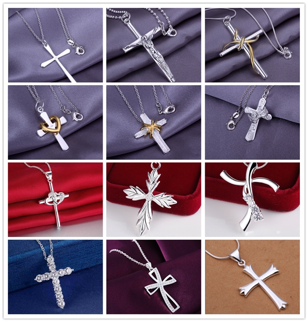 

plating 925 Silver Cross Pendant Necklace Fashion Jewelry Christmas Gift mixed order Multi style 15pcs/lot