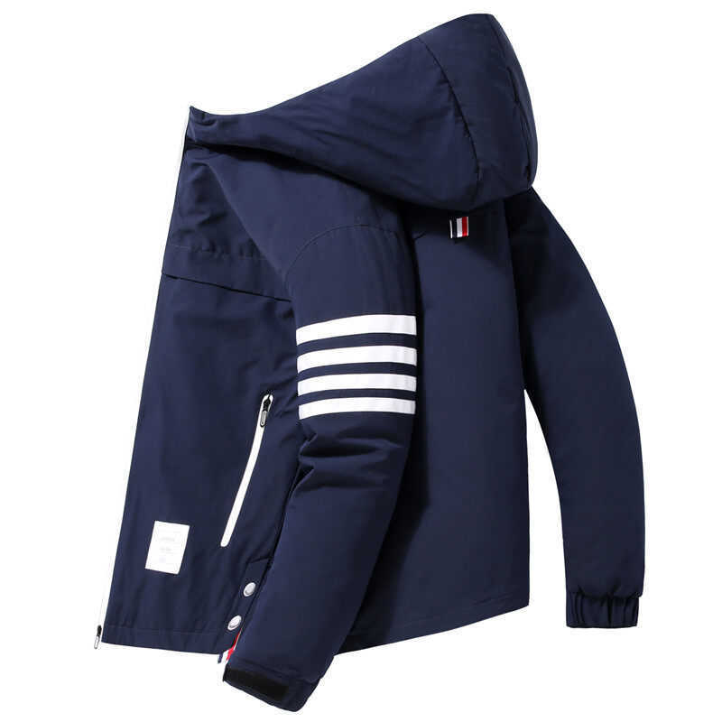 

2021 Winter Down Jacket Hooded Tb Striped Long Sleeve Zipper Thicken Pocket Slim Large Size, 60-65kg