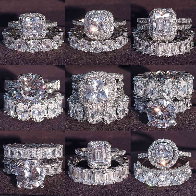 

Luxury Real 925 Sterling Silver Oval Princess Cut Wedding Ring Set For Women Engagement Band Eternity Jewelry Zirconia R4975, Slivery;golden