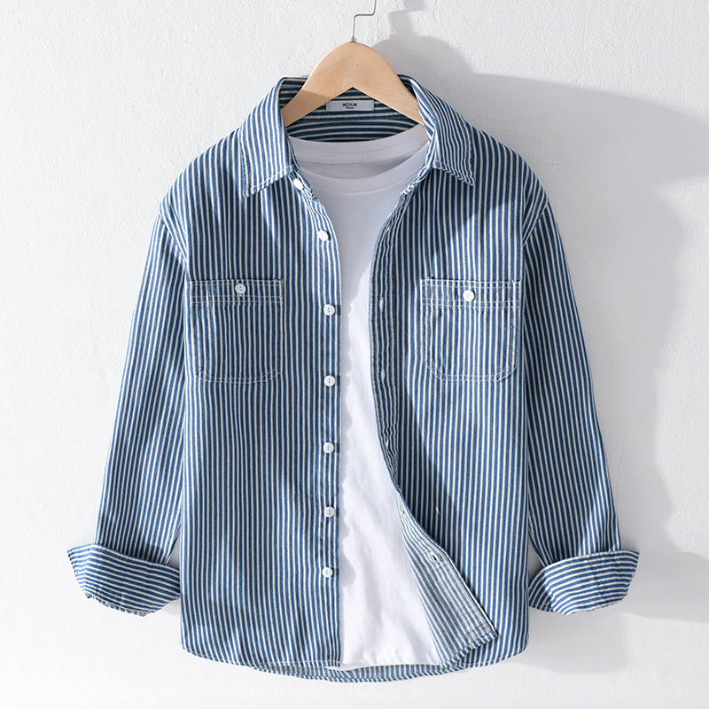 

2021 New Spring and Autumn Long-sleeved Stripe Blue Cotton Fashion Shirts for Men Casual Comfortable Shirt Mens Chemise Camisa Zdhf, Dark blue