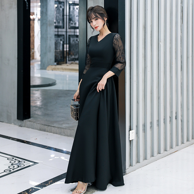 

Black Vintage Exquisite Evening Party Dress Women Elegant Banquet Gown Sexy V-neck Classic Pleated Dresses 32op, Black-medium length