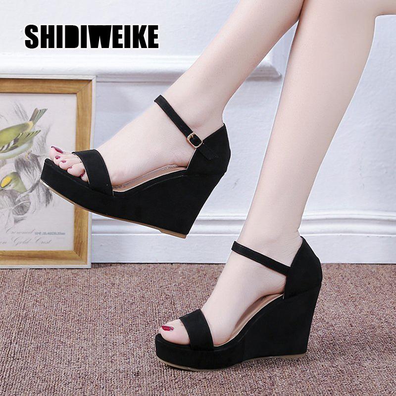 

Sandals Summer Women's Ladies Wedges Mouth Roman High Quality Suede Shoes Heels Va493, Black