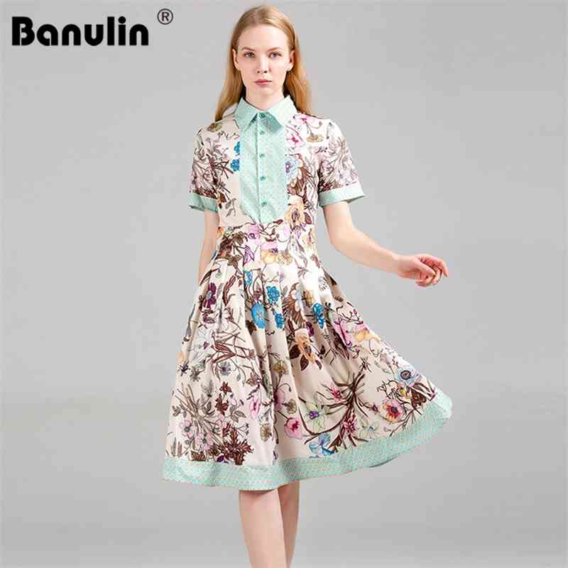 

Banulin Summer Fashion Runway Short Sleeve Dress Women's Turn Down Collar Multicolor Floral Print Elegant Pleated 210603, Apricot