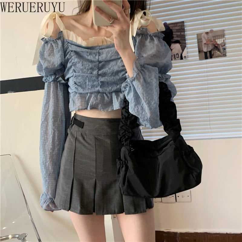 

WERUERUYU Women French Mesh Lace Blouse Embroidered Puff Sleeves Court Style Slim Shirt Female 210608, Photo color