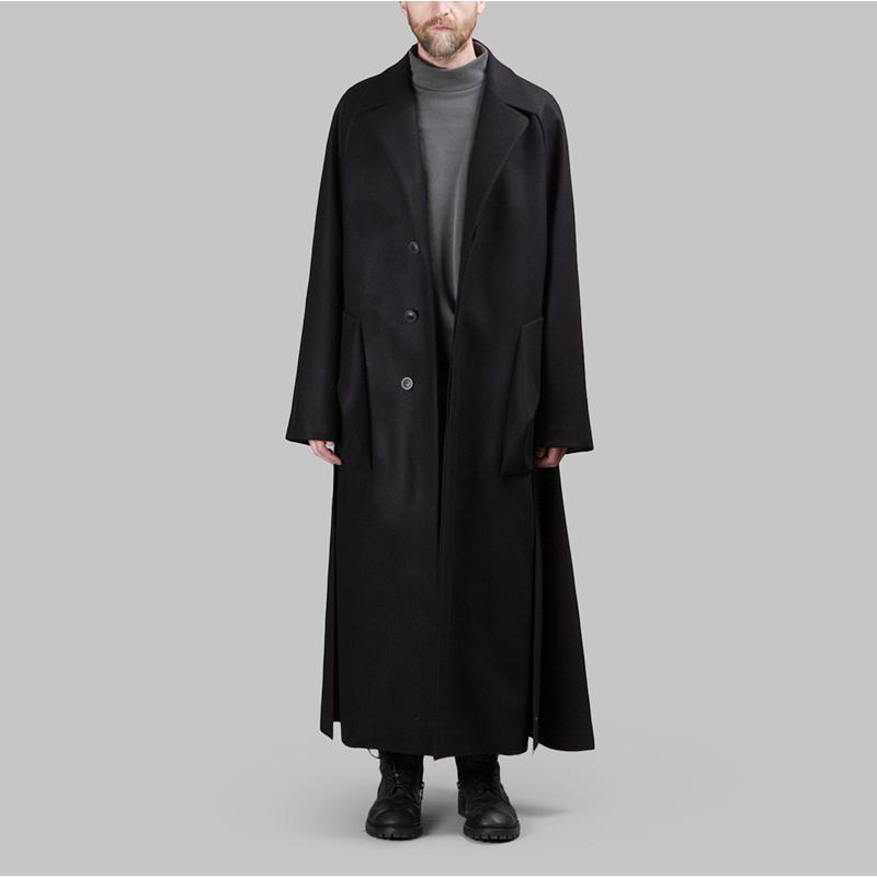 

Men' Wool & Blends Woolen Coat Long Profile Raglan Shoulder Deconstructed Back Pleated Loose YOHJI Product, Black