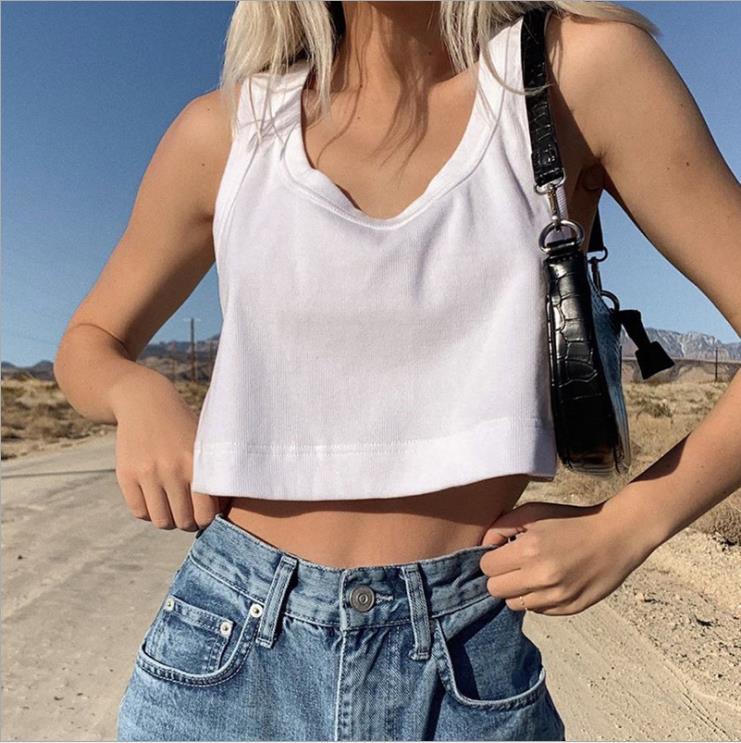 

Women's Tanks & Camis Summer Women Loose Crop Top Solid Color Sleeveless Base Vest Stretchy O-neck Ladies Casual Short Tank Camisole, White