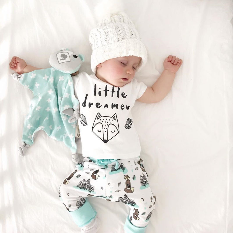 

0-2Y summer Newborn Baby Boy girl Clothes set little dreamer Animal T-shirt Tops+Pants Outfits Clothes Baby Clothing Set, White