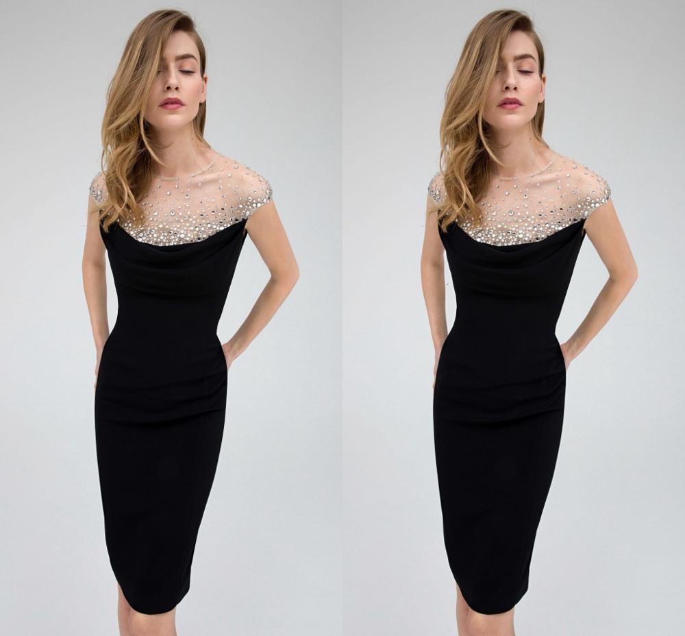 

2021 New Elegant Short Black Sheath Full Beaded Crystal Women Formal Party Evening Prom Gown Robe De Soiree J6er