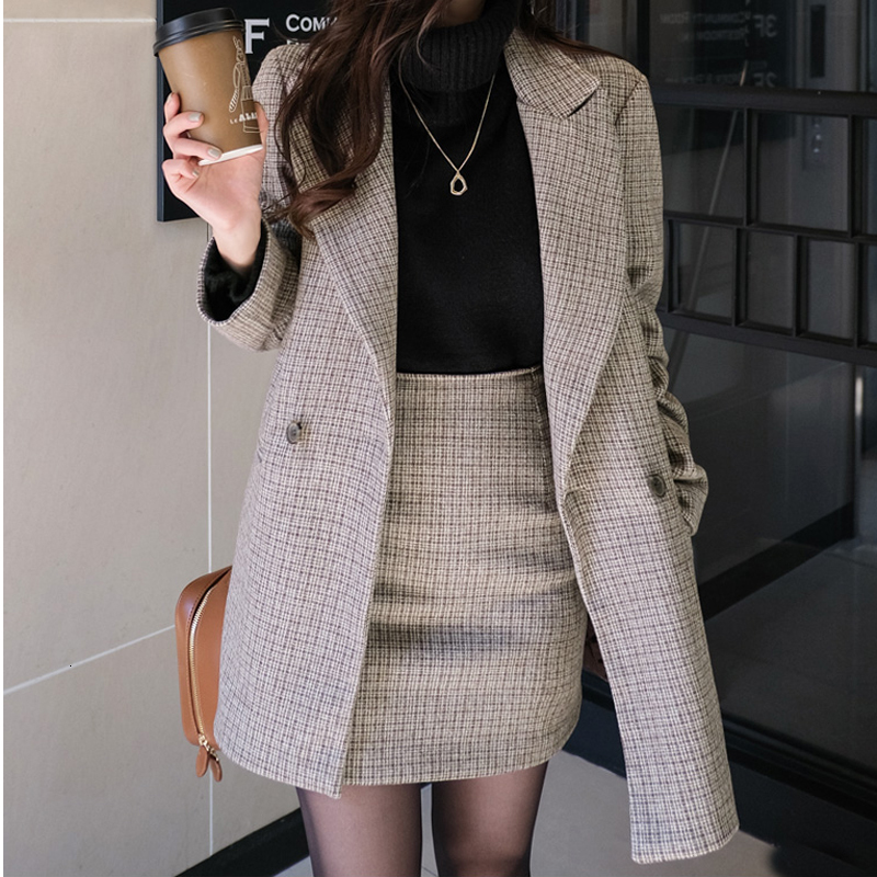 

2021 New Plaid woolen coat suit autumn and winter Korean of tooling high waist bag hip skirt 2-piece set for women R40X, Clear