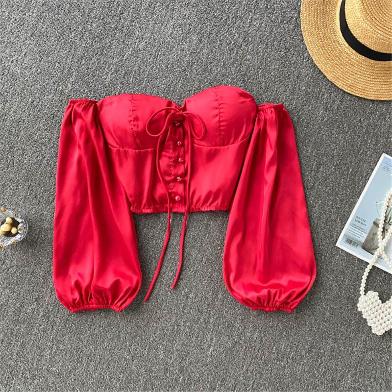 

Women's Blouses & Shirts Women Satin Sexy Tube Crop Top Puff Sleeve Red Summer Fashion Female Shirt Woman Tops Autumn Femme Clothing 2021, Khaki