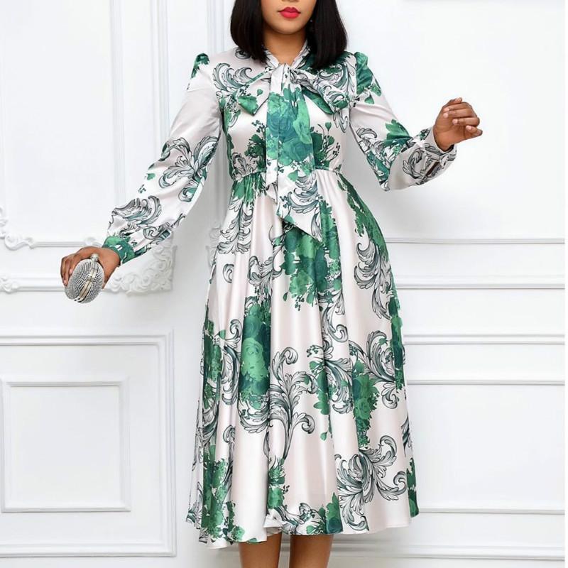 

Casual Dresses Women Long Sleeves Printed With Bowtie Collar Pleated High Waist Midi Elegant Ladies Fashion African Vestidos Robes, White